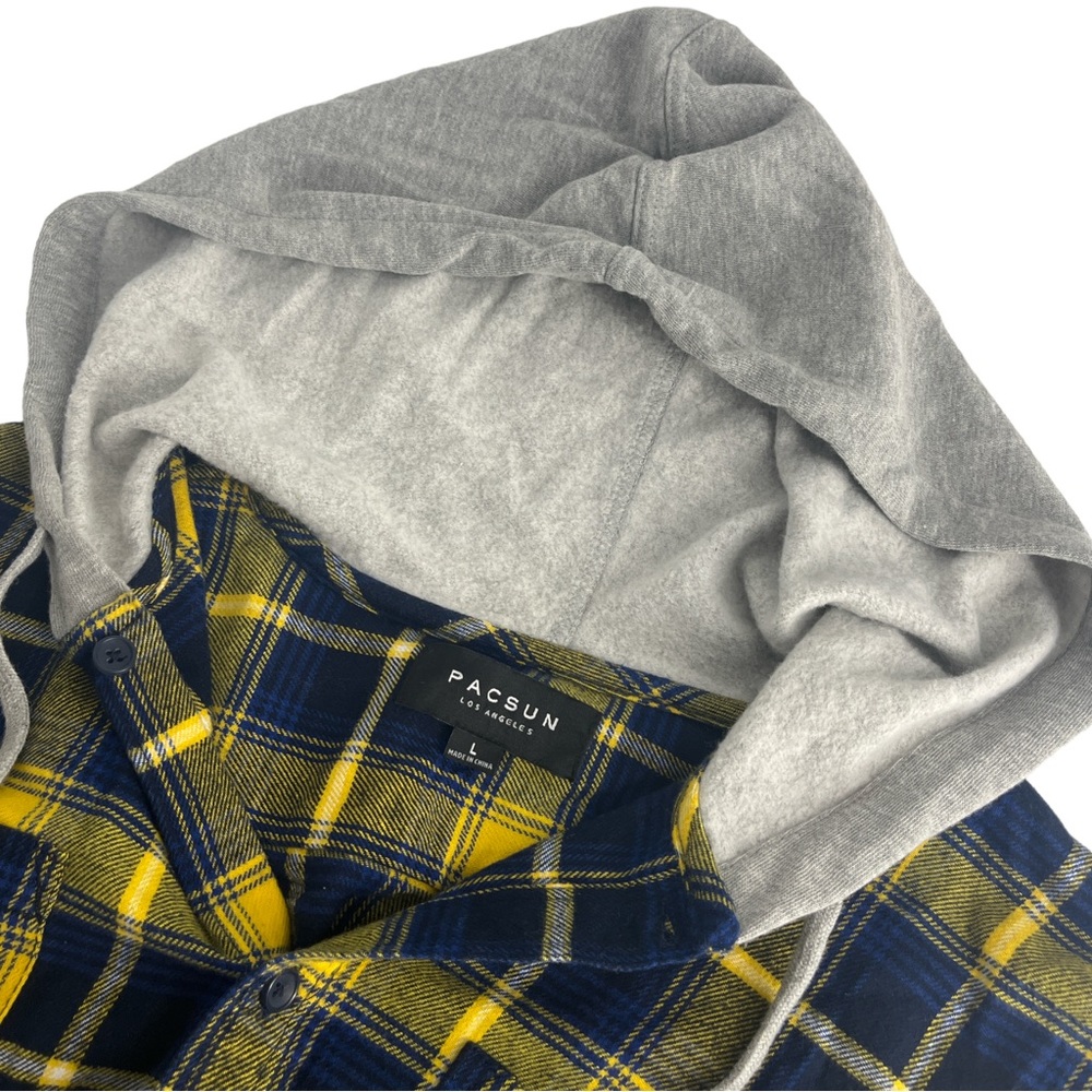 Pacsun Flannel Shirt Men Large Yellow Plaid Long Sleeve Button Up Hooded